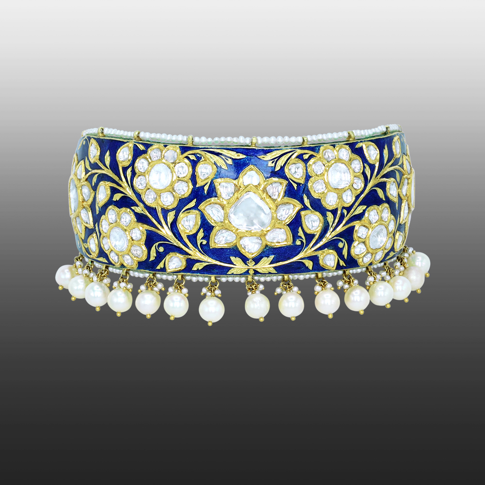 Choker with Blue Enamel, Polki Florals, and Pearl Border